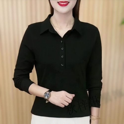 女士翻领春秋季长袖t恤纽扣大码宽松体恤妈妈女装显瘦polo衫上衣