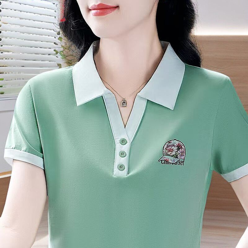100%T恤女短袖中年妈妈装翻领POLO衫修身显瘦大码印花上衣女