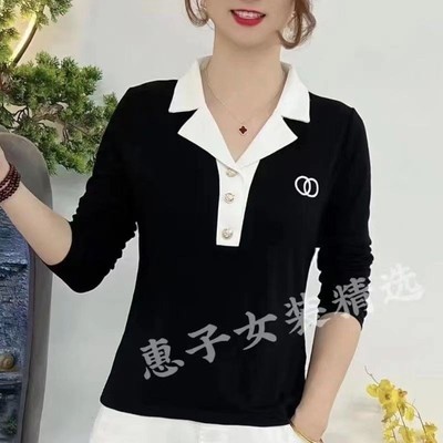 【芭拉婷】100%品质polo衫翻领长袖t恤女士秋季新款打底衫带领妈