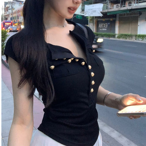 【芭拉婷】小飞袖爆金币短袖T恤女性感辣妹休闲显瘦夏季短款收腰