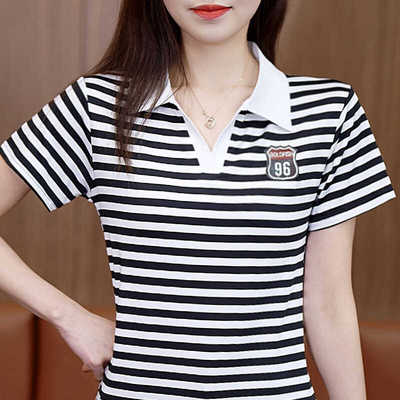 短袖POLO衫条纹中老年妈妈上衣