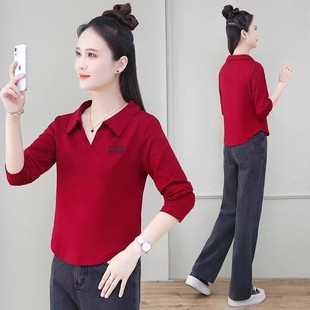 时尚 刺绣秋装 秋冬季 上衣2025T恤衫 妈妈字母早翻领 新品 显瘦长袖 装