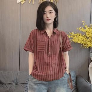 原宿风短袖 上衣女2025夏季 时尚 小衫 女 新款 宽松显瘦条纹不规则衬衫