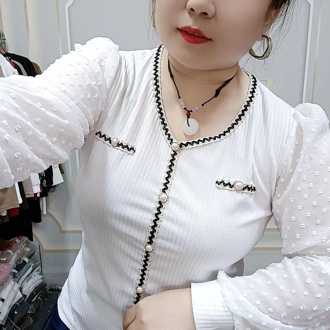 25款蕾丝袖洋气女士高档小衫螺纹弹力气质百搭舒适打底衫宽松显瘦