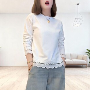 纯棉胖mm大码蕾丝拼接长袖t恤女春季新款打底衫洋气独特别致上衣