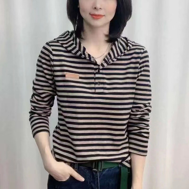 【芭拉婷】春秋季条纹长袖t恤女新款宽松显瘦百搭体恤妈妈连帽卫