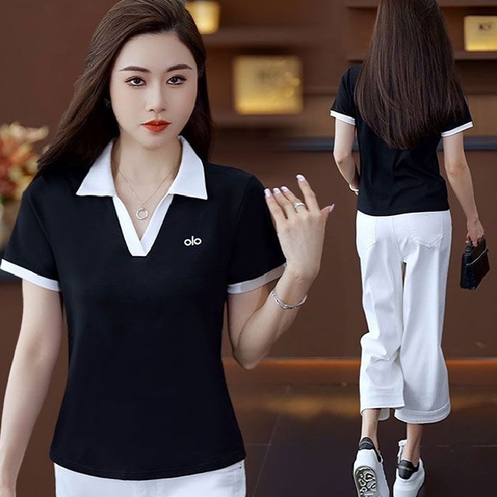 【芭拉婷】时尚V领撞色设计洋气短袖T恤女2026夏季新款修身显瘦简