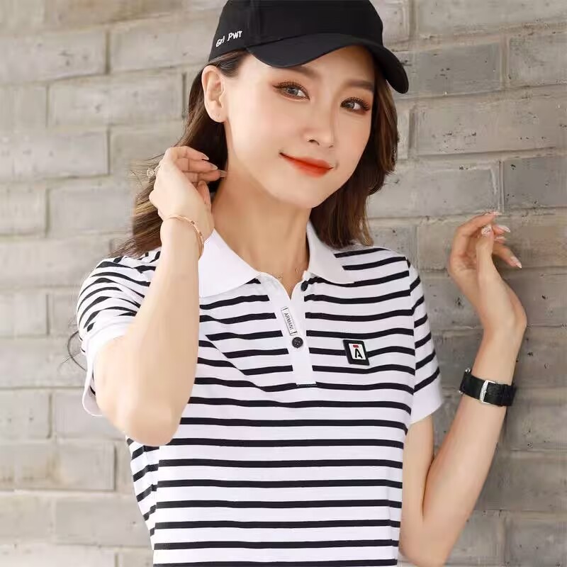 夏装新款短袖t恤女士洋气条纹时尚polo衫中老年妈妈体恤衫上衣