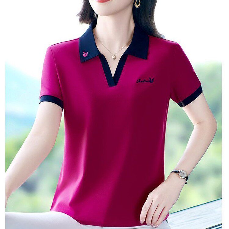 【芭拉婷】2026夏季新款拼接撞色POLO衫中年妈妈时尚百搭短袖女运