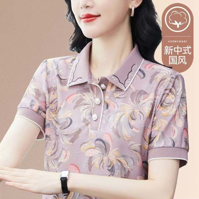 新中式短袖t恤女夏翻领上衣2025新款夏装时尚中年妈妈洋气小衫潮