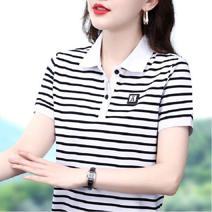 【芭拉婷】条纹短袖t恤女士中年妈妈装2025夏装洋气polo衫时尚体