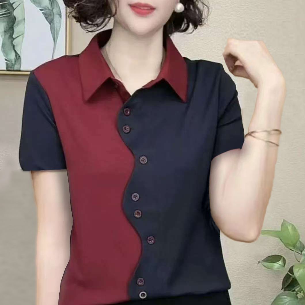 2025新款夏季短袖百搭显瘦短袖打底衫气质女士撞色时尚衬衫上衣潮