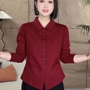 女通勤简约衬衫 扣单排季 上衣妈妈纯色 收腰气质显瘦翻领新款 春秋装