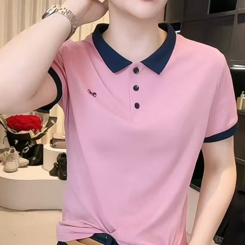 短袖条纹T恤品质上衣女POLO衫大码女装洋气时尚百搭翻领有领体恤