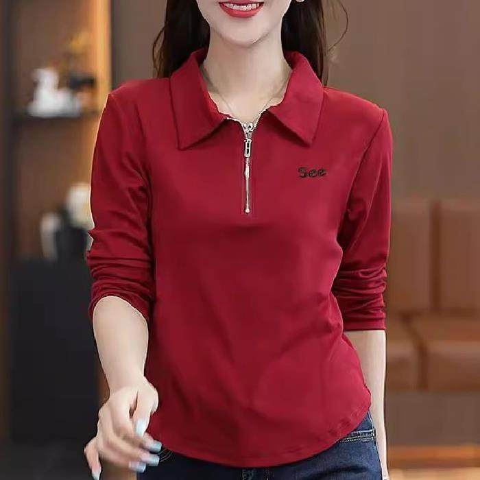【芭拉婷】撞色运动女半上衣翻领休闲装t衫恤中年拉链长袖条纹pol