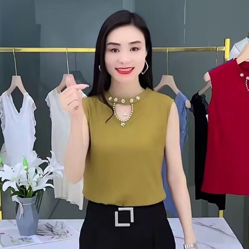 中老年女夏针织棉短袖T恤上衣妈妈无袖吊带中年人打底衫背心