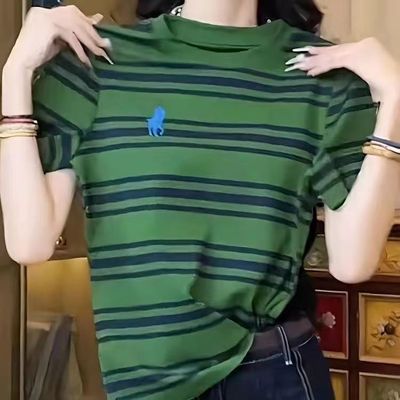 高级感条纹刺绣短袖T恤女装百搭时尚减龄休闲显瘦设计感小众上衣