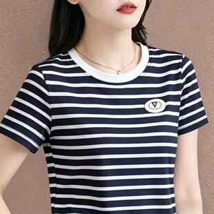【芭拉婷】【精梳棉95棉5氨纶】潮流时尚设计感条纹短袖夏季百搭