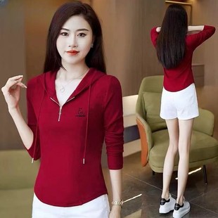女连帽打底新款 瘦半衫 刺绣修身 长袖 百搭显2025T恤 上衣拉链春秋装