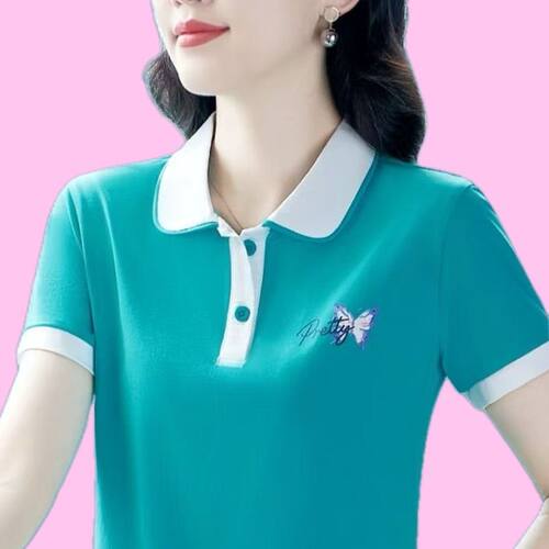 新款运动POLO衫2024年短袖T恤女夏季中年妈妈装洋气减龄翻领上衣