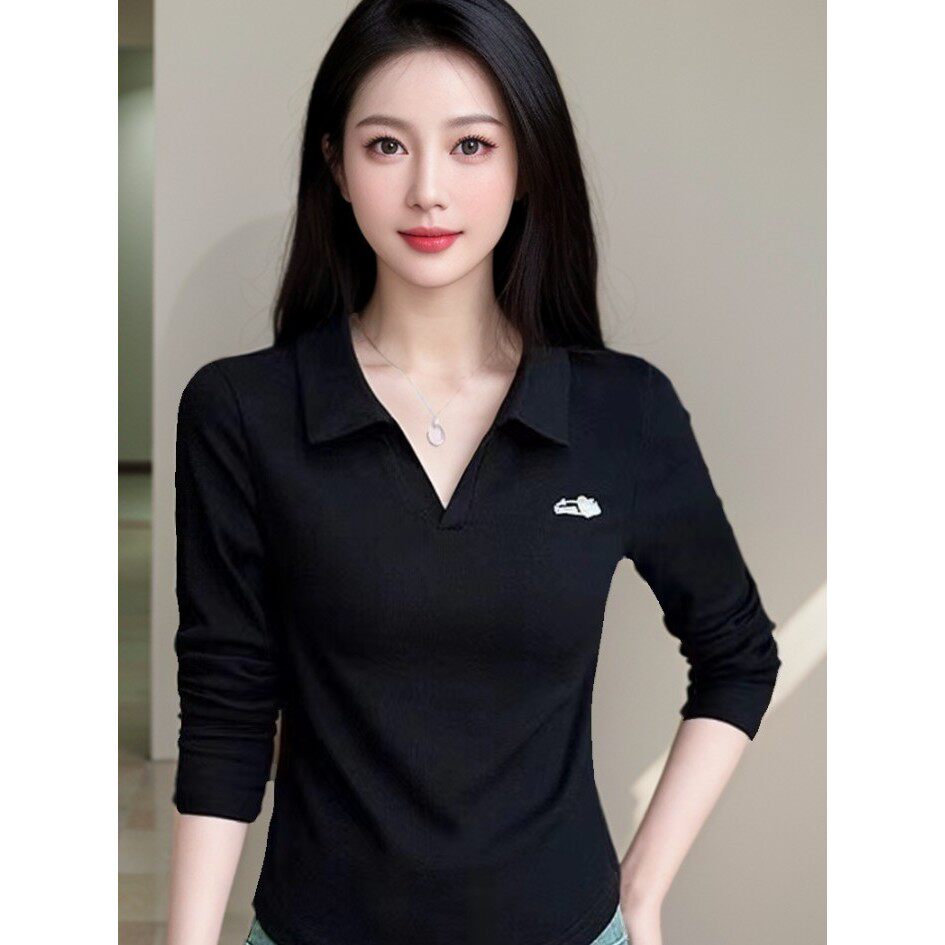 【芭拉婷】POLO领修身长袖T恤女2025早秋新款显瘦百搭翻领薄款休