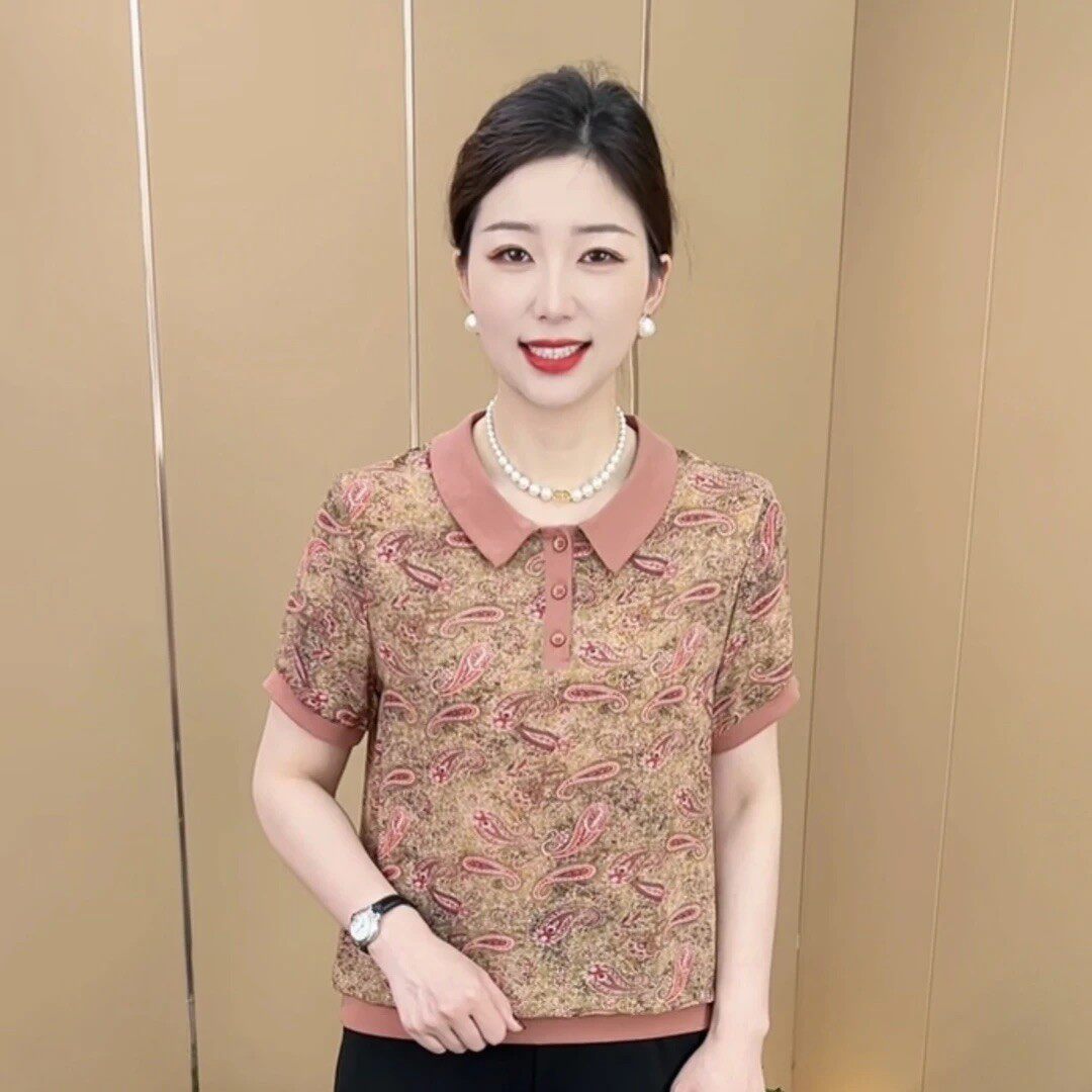 抖音爆款女士短袖新款妈妈中年宽松高档小衫中年人女士t恤短袖