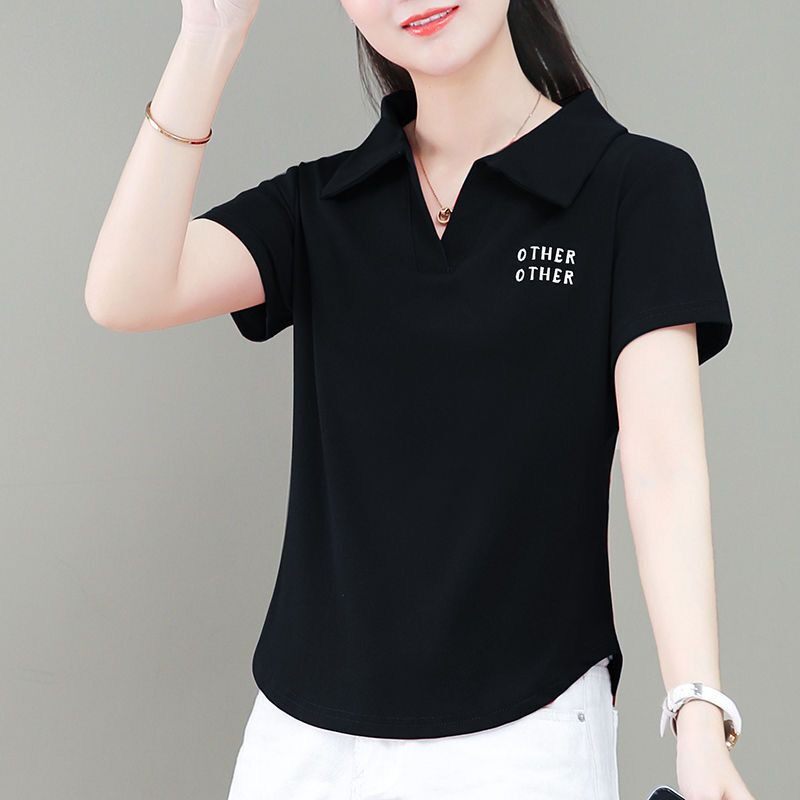 高档短袖T恤女装时尚妈妈衫POLO领修身短款纯色百搭气质减龄上衣