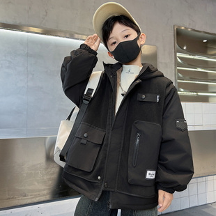 男童加绒派克服秋冬装2025新款加厚假两件羊羔绒外套冬季中大童潮