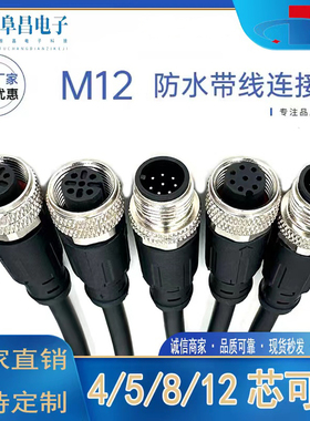 M12连接器防水航空插头带线4p5芯8芯12芯传感器公母头注塑连接线