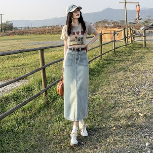 2024春季 美式 复古牛仔后开叉百搭显腿半身长裙 YC6398 新款