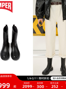 Camper看步女鞋Brutus Trek新款黑色复古粗跟烟筒靴户外休闲皮靴