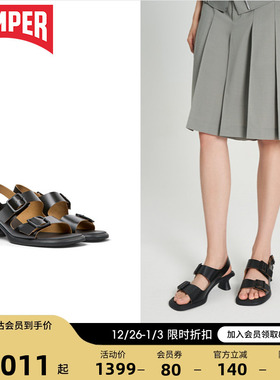 Camper看步女鞋Dina新款夏季粗跟白色凉鞋女厚底法式真皮高跟鞋