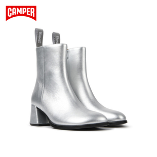 【新品】Camper看步女靴Kora银色亮面粗跟短靴简约百搭高跟时装靴