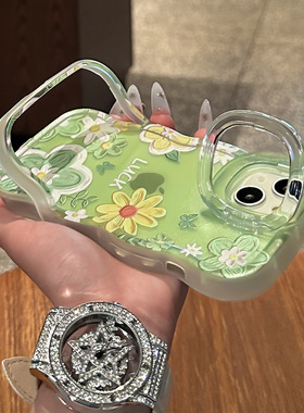 绿色油画花适用苹果17手机壳iPhone17promax小清新苹果16双支架15硅胶高级感透明14/13/12防摔全包pius保护套