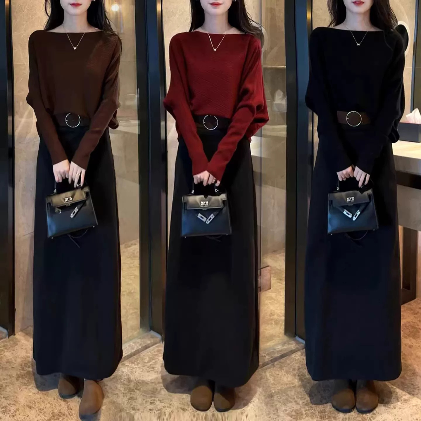 高档春秋新款一字肩针织衫女士时尚百搭收腰显瘦毛衣蝙蝠袖上衣