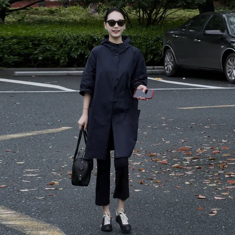 高档春秋连帽风衣外套女宽松显瘦减龄大衣时尚简约百搭中长款外套