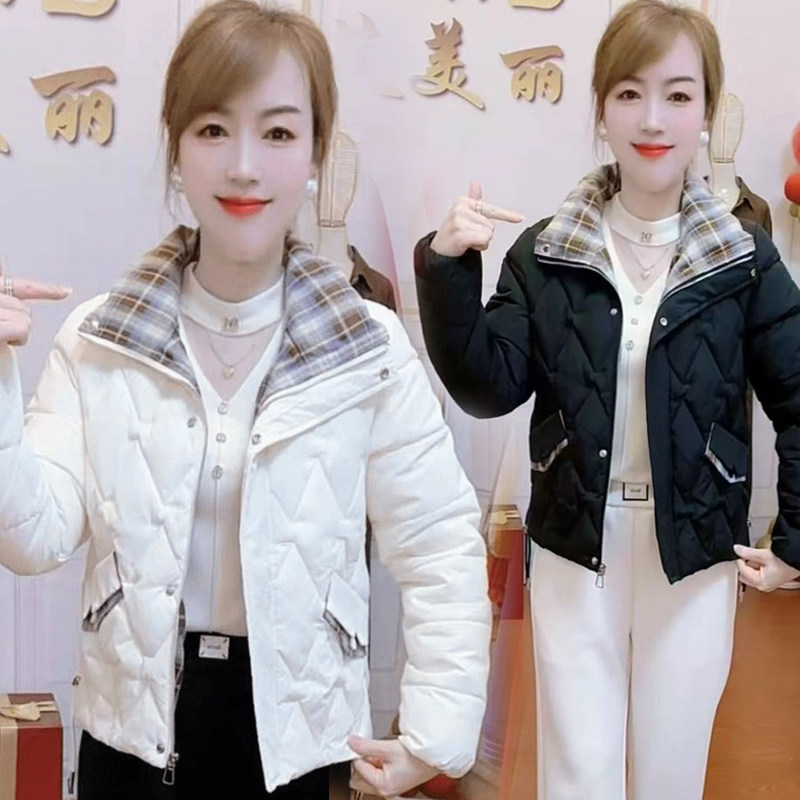 高档时尚格子拼接羽绒棉服女冬季新款洋气显瘦设计感轻薄保暖棉袄