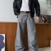 PS男士 灰色高级宽松小众褶皱弯刀西裤