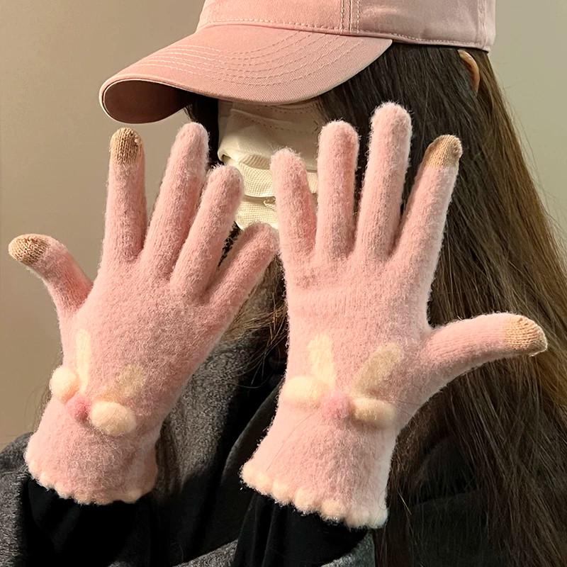 可爱蝴蝶结毛线手套女加绒加厚