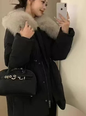 SIX ONE-毛领白鸭绒中长保暖羽绒服外套(配可拆真狐狸毛毛领)Y006