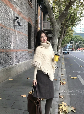 崛 Ascend-披风+冬季宽松慵懒风高领不规则针织衫女套装81178-055