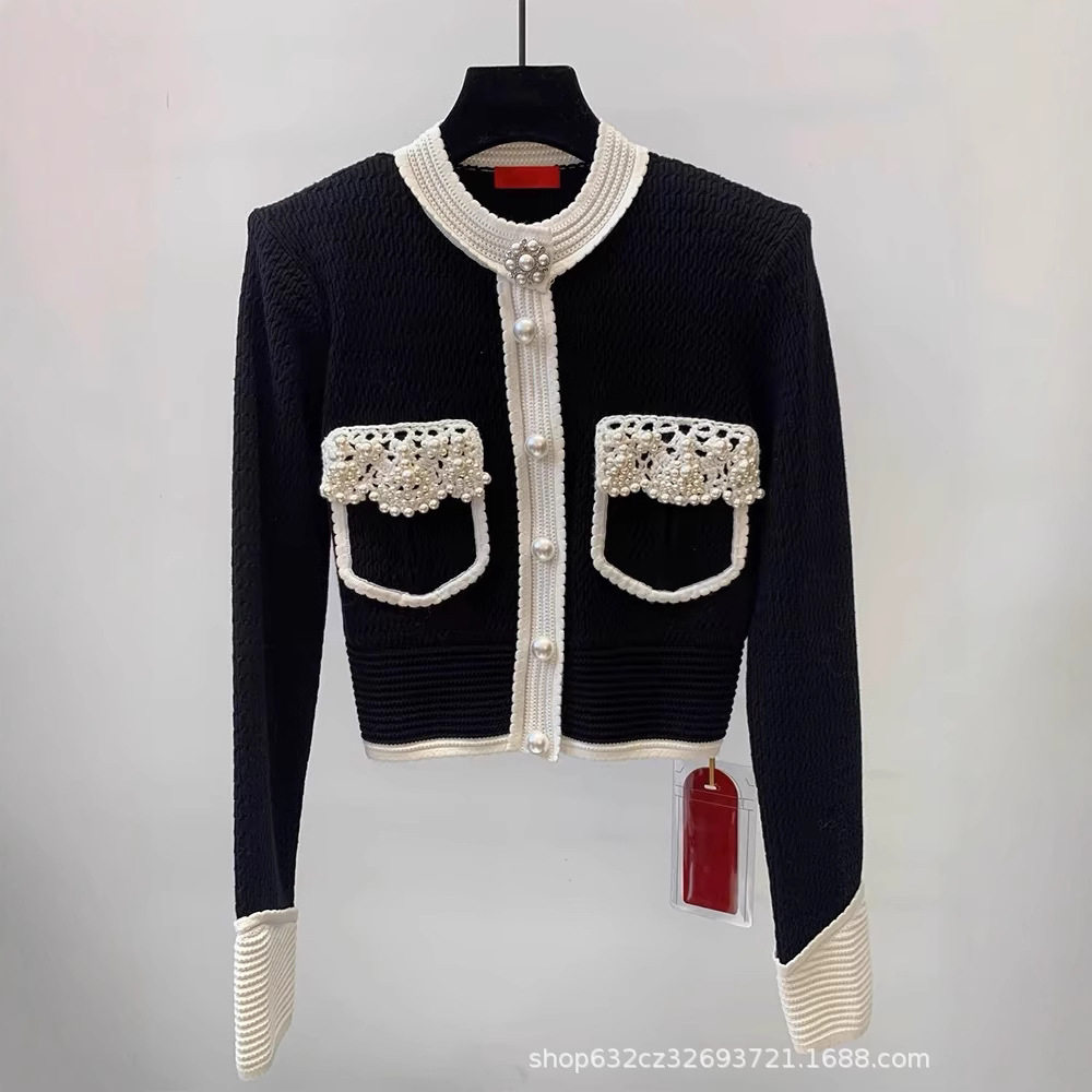 现货撞色重工钉珠小香风针织开衫早春新款设计感小众修身毛衣外套,女装/女士精品,毛衣,淘宝优惠券,粉丝福利购,淘宝优惠卷