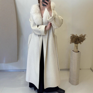 2025新款雪后初雯连帽狐狸毛双面羊绒大衣女系带中长款羊毛呢外套