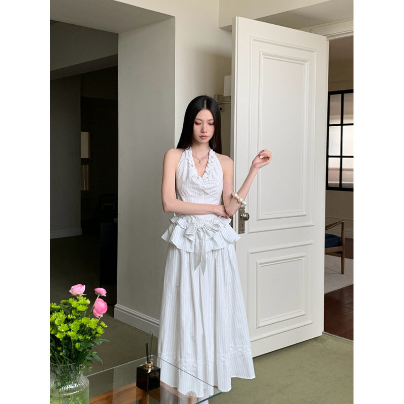 UUS设计师女装2026夏蝴蝶结挂脖荷叶边上衣蕾丝裙摆蓬感半裙套装