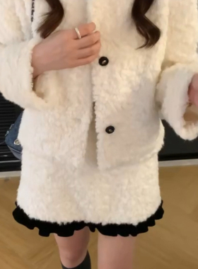 IMIZ-香风黑白撞色翻领短款毛绒外套羽绒服+半身裙套装YS1-35013