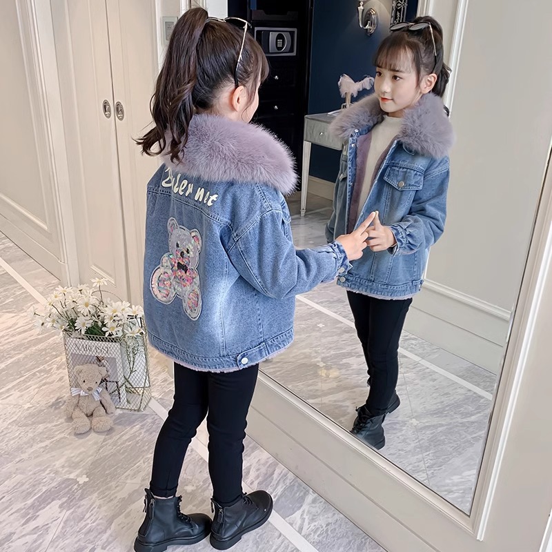 女童加绒外套2024新款儿童牛仔秋冬款加厚大童装女孩冬季棉服上衣