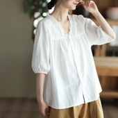 上衣 女休闲白色衬衣气质宽松休闲短袖 夏季 文艺花边V领全棉衬衫