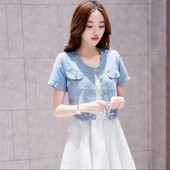 牛仔外套女夏季 短款 薄款 衬衫 圆领小披肩上衣 韩版 半袖 百搭弹力中袖