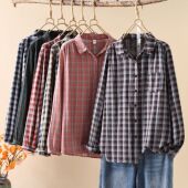 复古开衫 韩版 翻领衬衣外套秋季 女松弛感宽松大版 色织棉纱格子衬衫