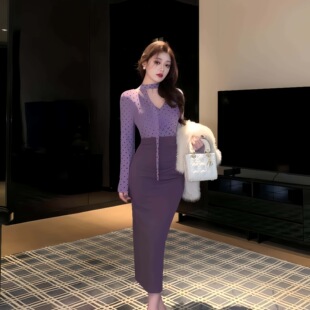 假两件紫色波点v领连衣裙长袖修身包臀裙独特漂亮掐腰长裙